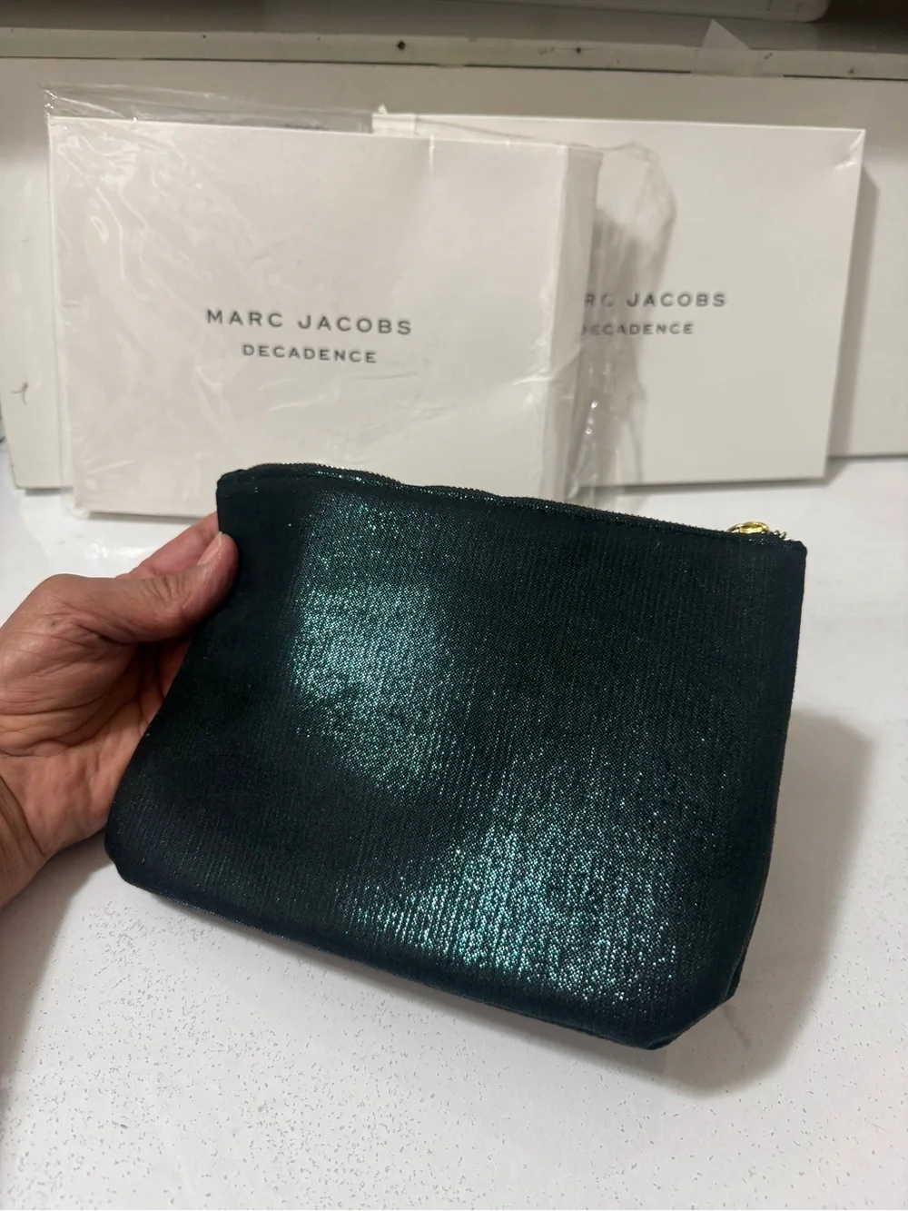 Marc Jacobs Black Shimmer Wristlet makeup bag with Tassel, brand new with box